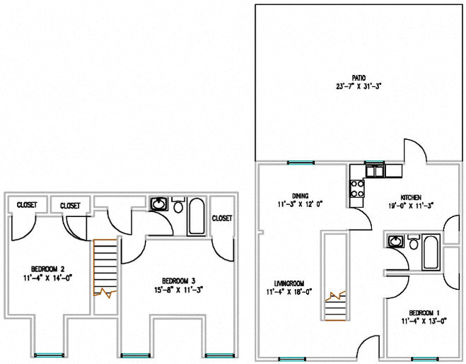 Floor plan for 3 beds, 2 baths, 1560 sqft